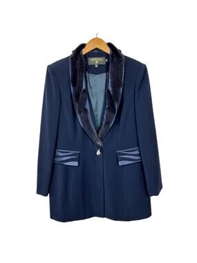 Louise Ricci Vintage Dark Navy Blue Faux Fur Collar Jeweled Button Blazer Jacket